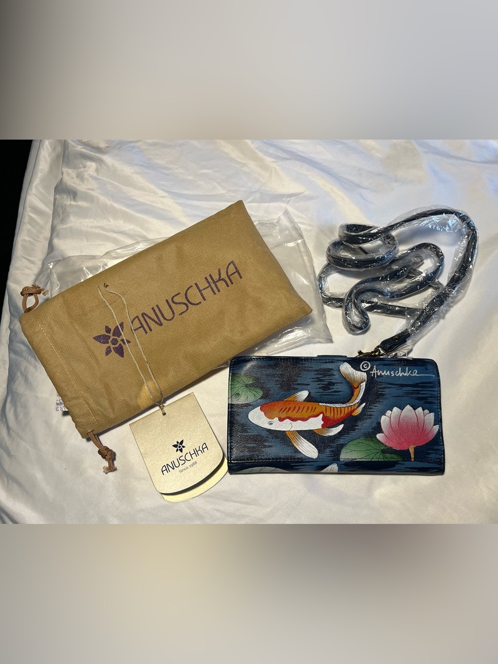 Anuschka Hand-Painted Koi Fish Crossbody Wallet Navy Blue NWT Purse